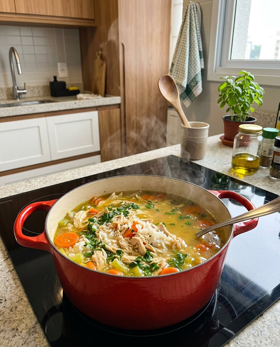 Canja quente servida numa cozinha brasileira durante o tratamento